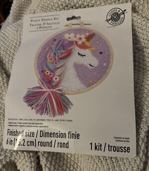 Unicorn w/ Mane Flowers Punch Needle Loops & Threads Printed Embroidery Hoop Kit
